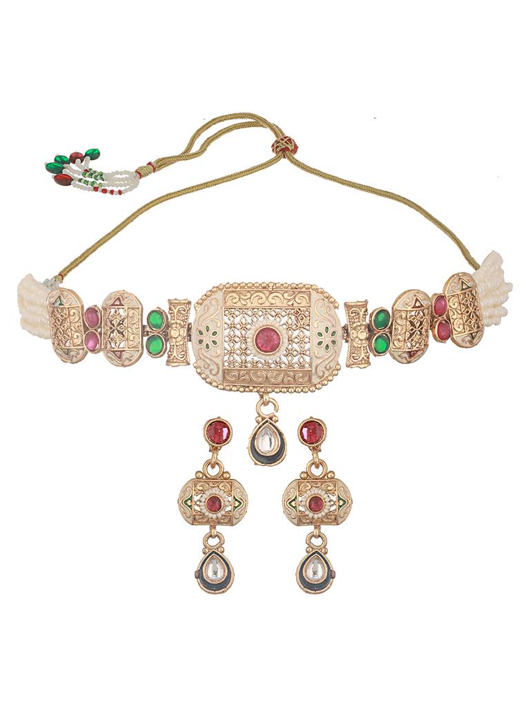 Gold Plated Fusion Stone Studded Filigree Choker Jewellery Set : SJNK2524