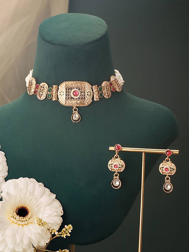 Gold Plated Fusion Stone Studded Filigree Choker Jewellery Set : SJNK2524