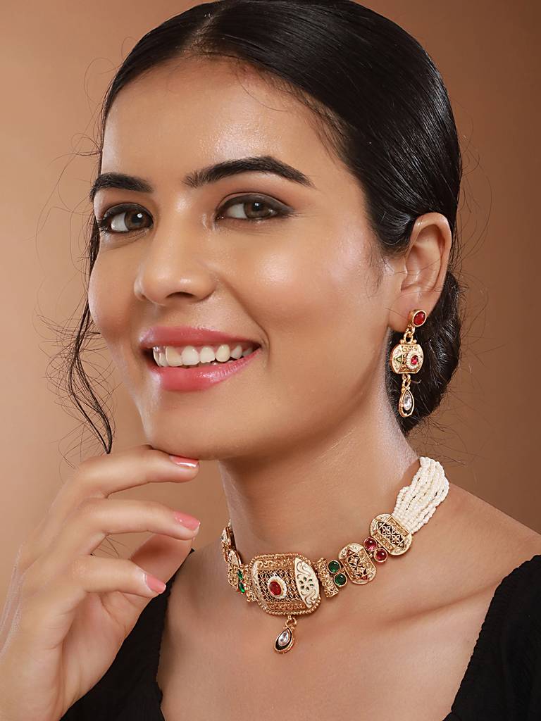 Gold Plated Fusion Stone Studded Filigree Choker Jewellery Set : SJNK2524