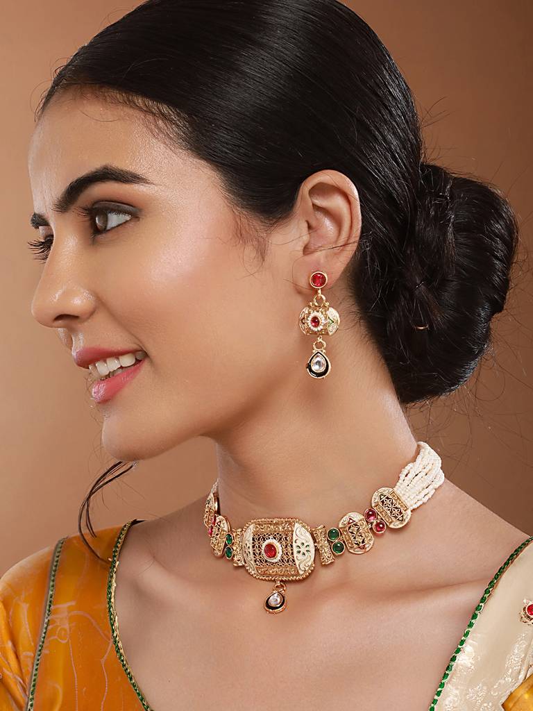 Gold Plated Fusion Stone Studded Filigree Choker Jewellery Set : SJNK2524