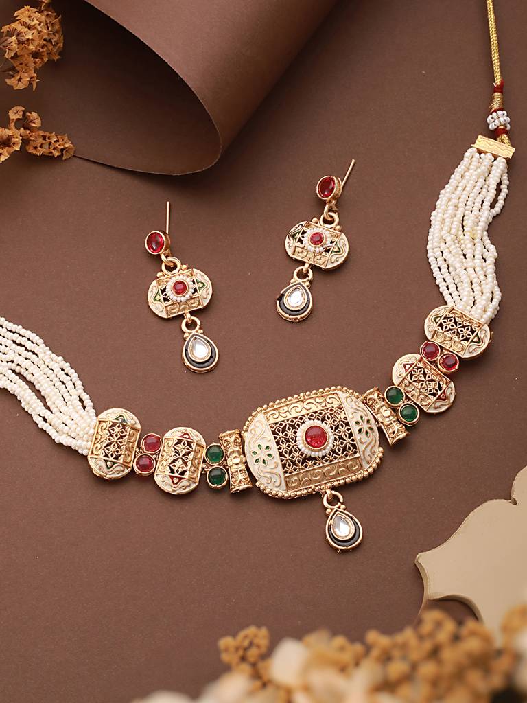 Gold Plated Fusion Stone Studded Filigree Choker Jewellery Set : SJNK2524