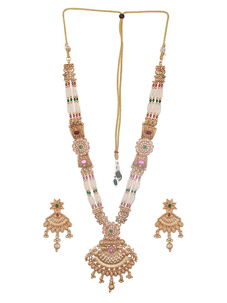 Gold Plated Fusion Stone Studded Filigree Long Maala Bridal Jewellery Set : SJNK2525