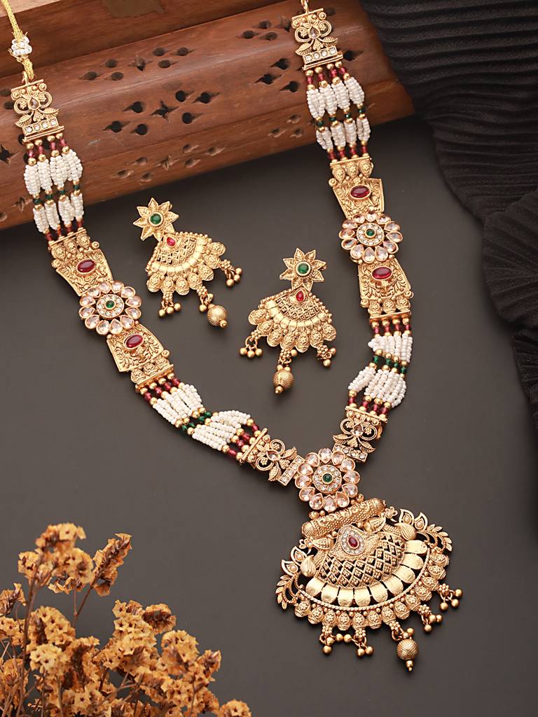 Gold Plated Fusion Stone Studded Filigree Long Maala Bridal Jewellery Set : SJNK2525