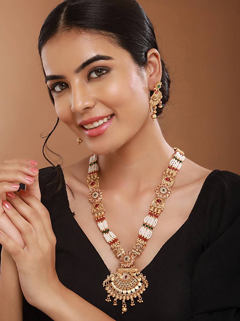 Gold Plated Fusion Stone Studded Filigree Long Maala Bridal Jewellery Set : SJNK2525