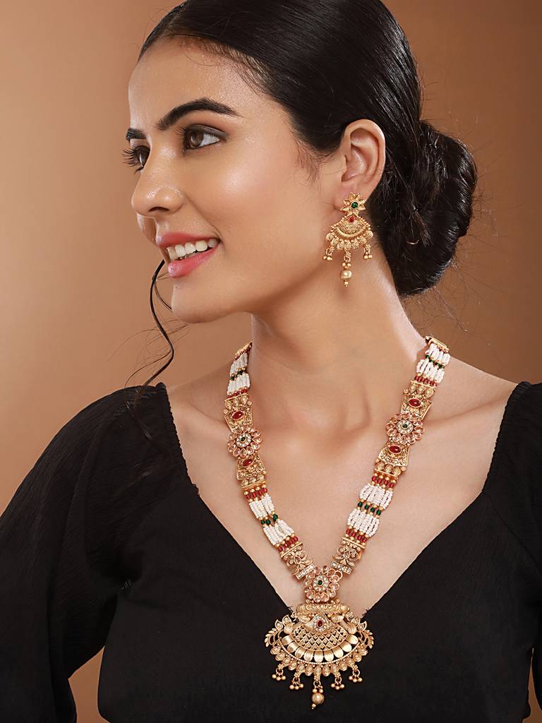 Gold Plated Fusion Stone Studded Filigree Long Maala Bridal Jewellery Set : SJNK2525