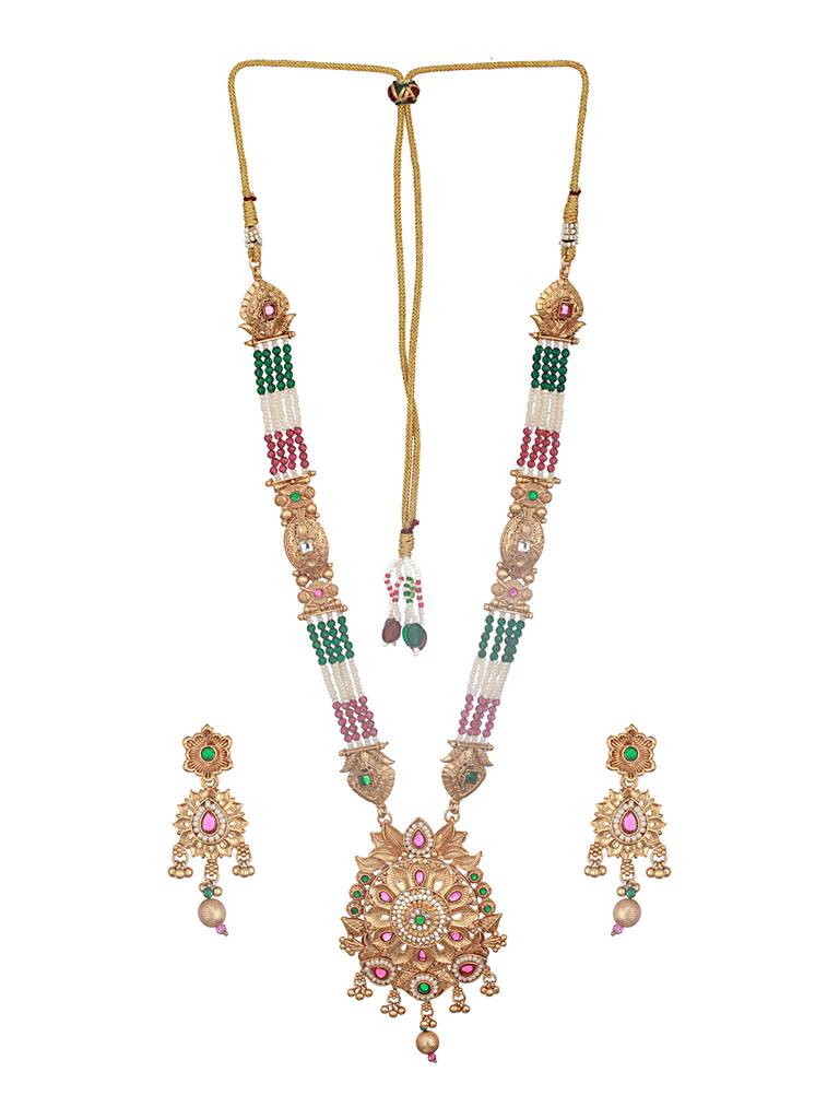 Gold Plated Fusion Stone Studded Pendant Long Maala Bridal Jewellery Set : SJNK2527