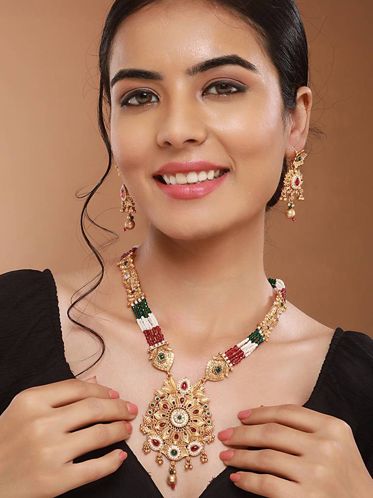 Gold Plated Fusion Stone Studded Pendant Long Maala Bridal Jewellery Set : SJNK2527