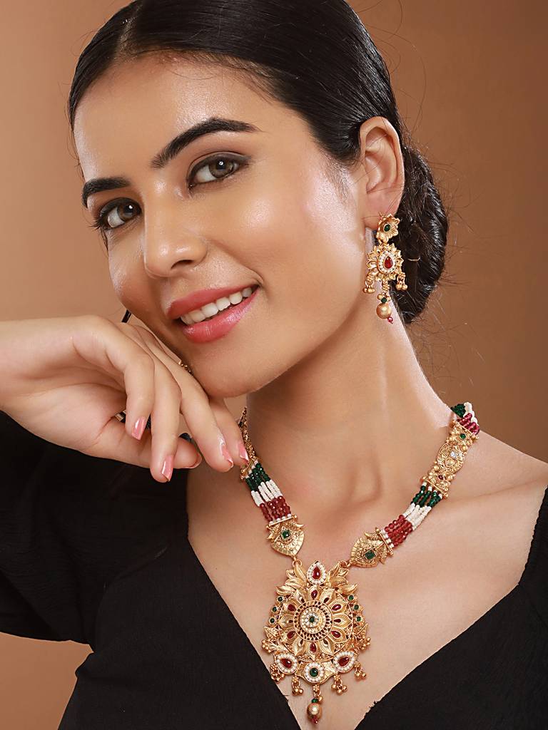 Gold Plated Fusion Stone Studded Pendant Long Maala Bridal Jewellery Set : SJNK2527