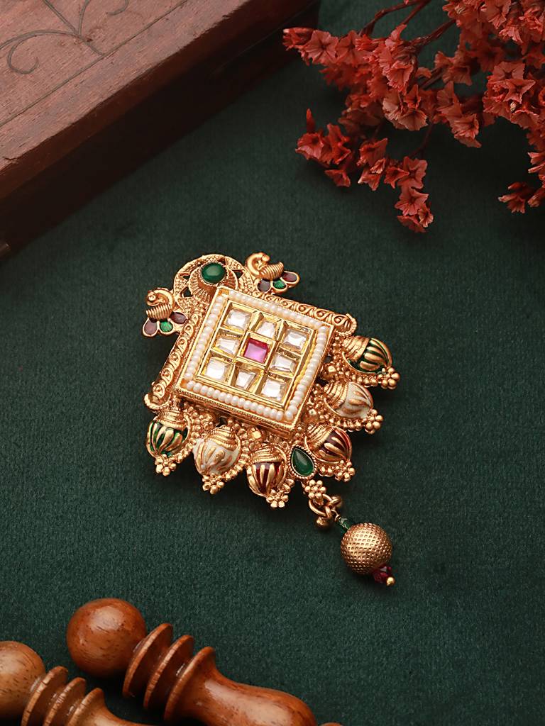 Gold Toned Kundan Pearl Beaded Peacock Design Broach Saree Pin Brass  Multi