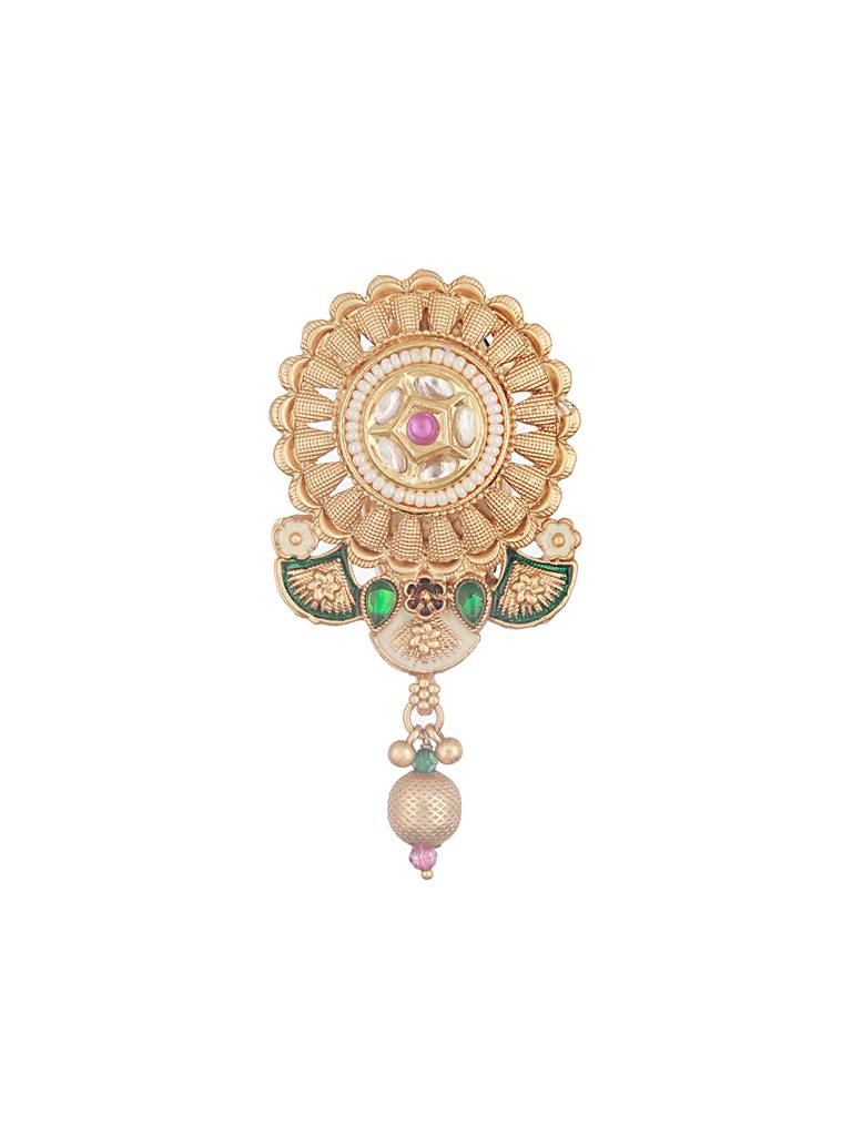 Gold Plated Kundan & Pearl Beaded Floral Broach Saree Pin : SJB02532