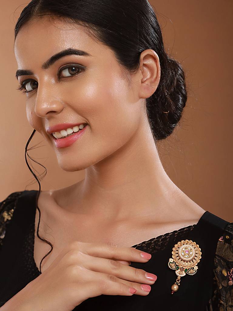 Gold Plated Kundan & Pearl Beaded Floral Broach Saree Pin : SJB02532