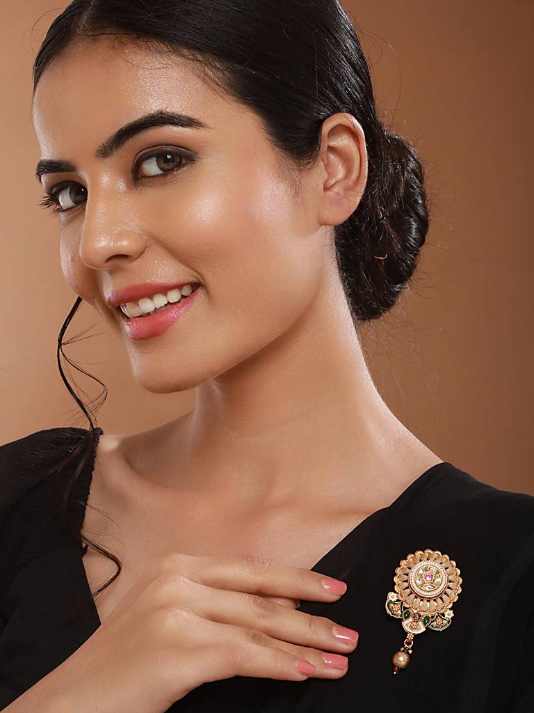 Gold Plated Kundan & Pearl Beaded Floral Broach Saree Pin : SJB02532