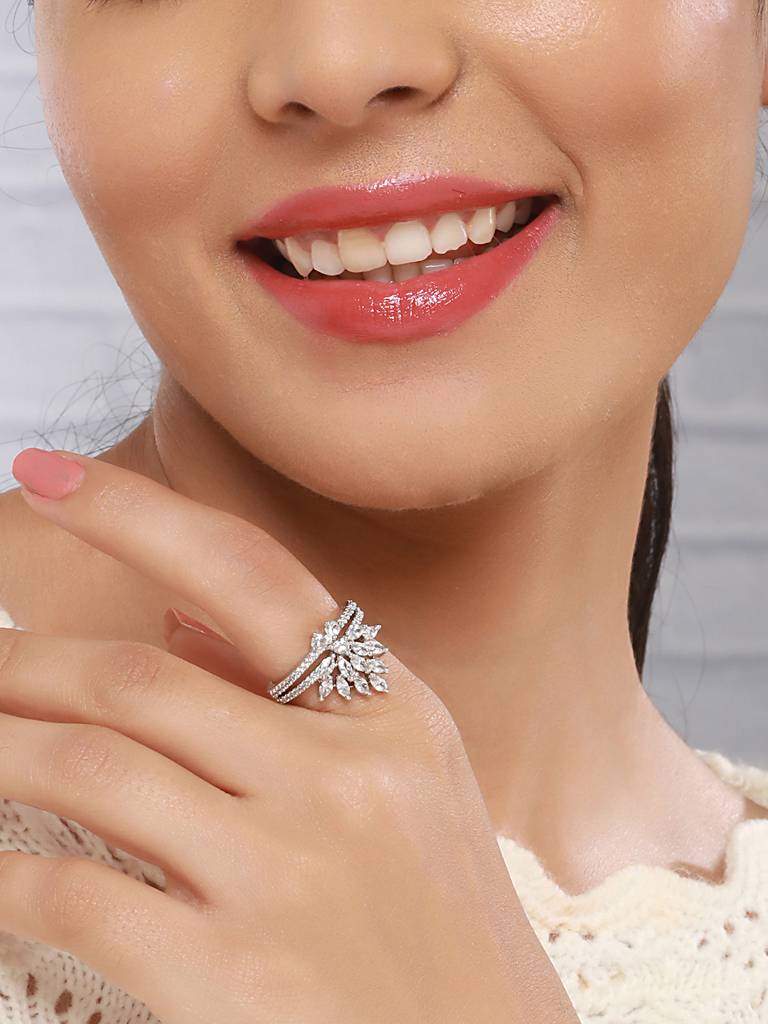 Silver Plated Ad Studded Crown Shaped Designer Engagement Finger Ring : SJRG2534