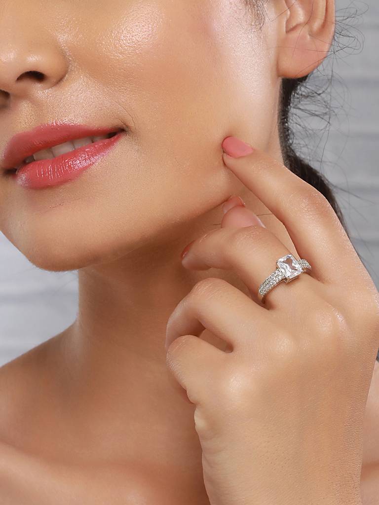 Silver Plated Ad Studded Solitaire Delicate Engagement Finger Band Ring : SJRG2535