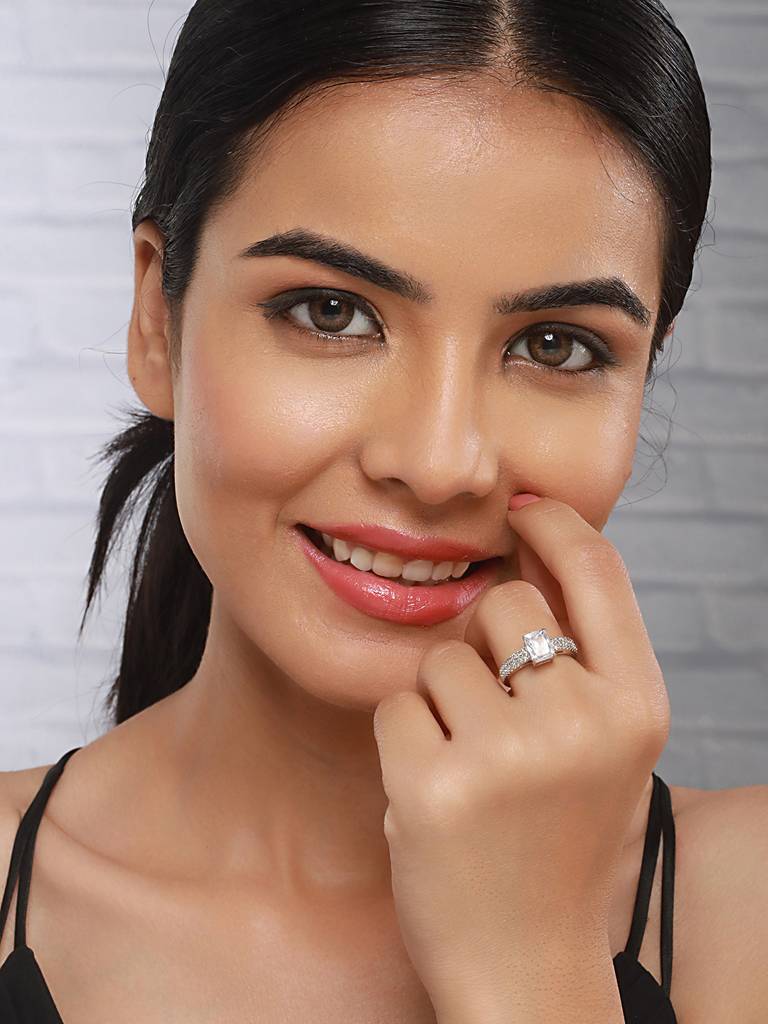 Silver Plated Ad Studded Solitaire Delicate Engagement Finger Band Ring : SJRG2535