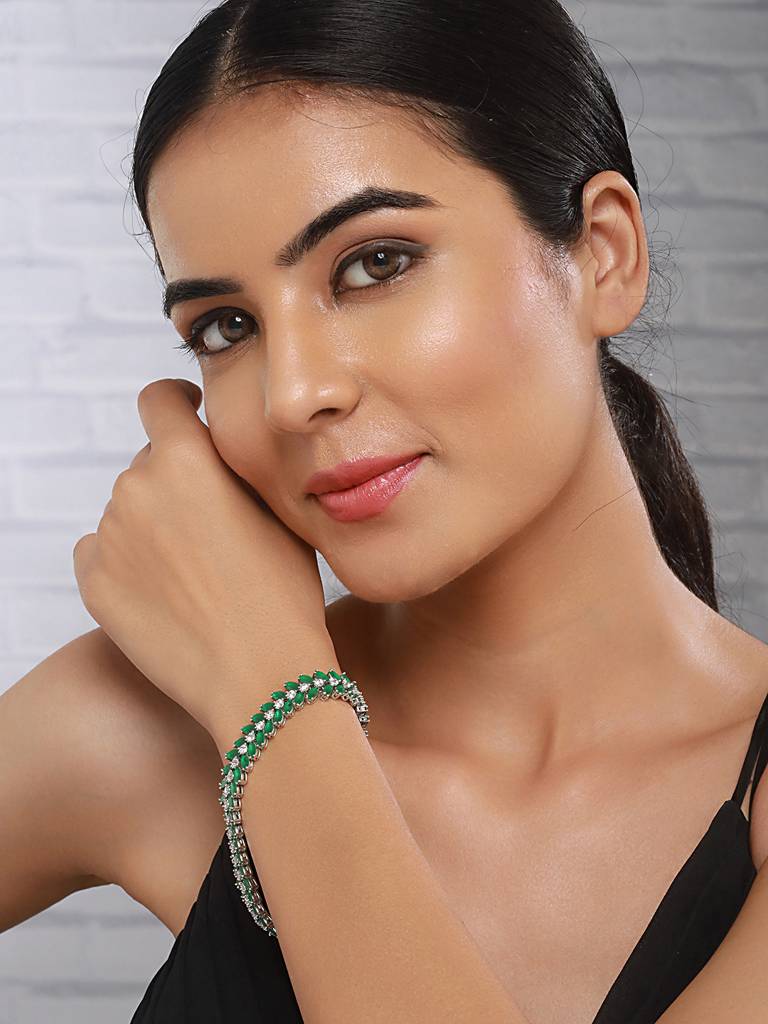 Silver Plated Emerald Green Designer Luxe Wraparound Tennis Bracelet : SJBR2536