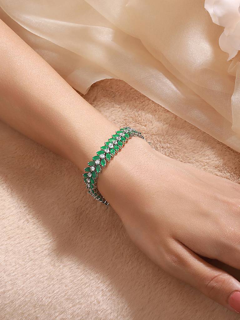 Silver Plated Emerald Green Designer Luxe Wraparound Tennis Bracelet : SJBR2536
