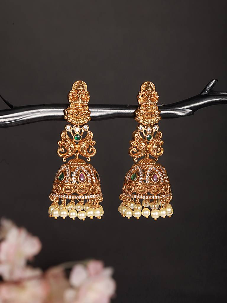 Gold Matt Polish Zircon Studded Lakshmiji Motif Designer Danggling  Earring : SJER2538