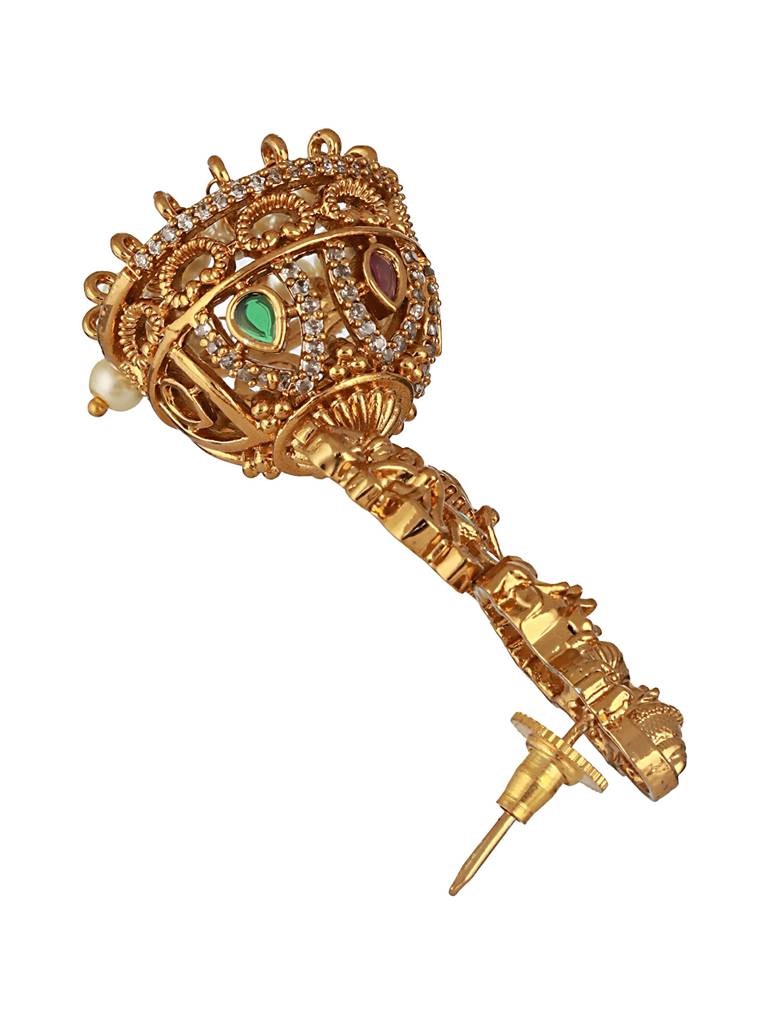 Gold Matt Polish Zircon Studded Lakshmiji Motif Designer Danggling  Earring : SJER2538