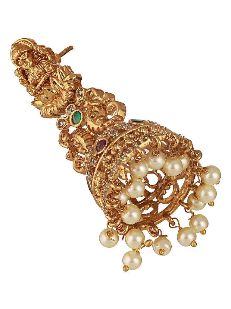 Gold Matt Polish Zircon Studded Lakshmiji Motif Designer Danggling  Earring : SJER2538