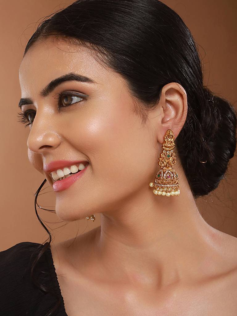 Gold Matt Polish Zircon Studded Lakshmiji Motif Designer Danggling  Earring : SJER2538