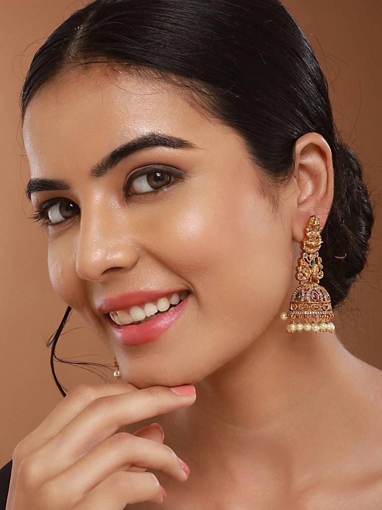 Gold Matt Polish Zircon Studded Lakshmiji Motif Designer Danggling  Earring : SJER2538