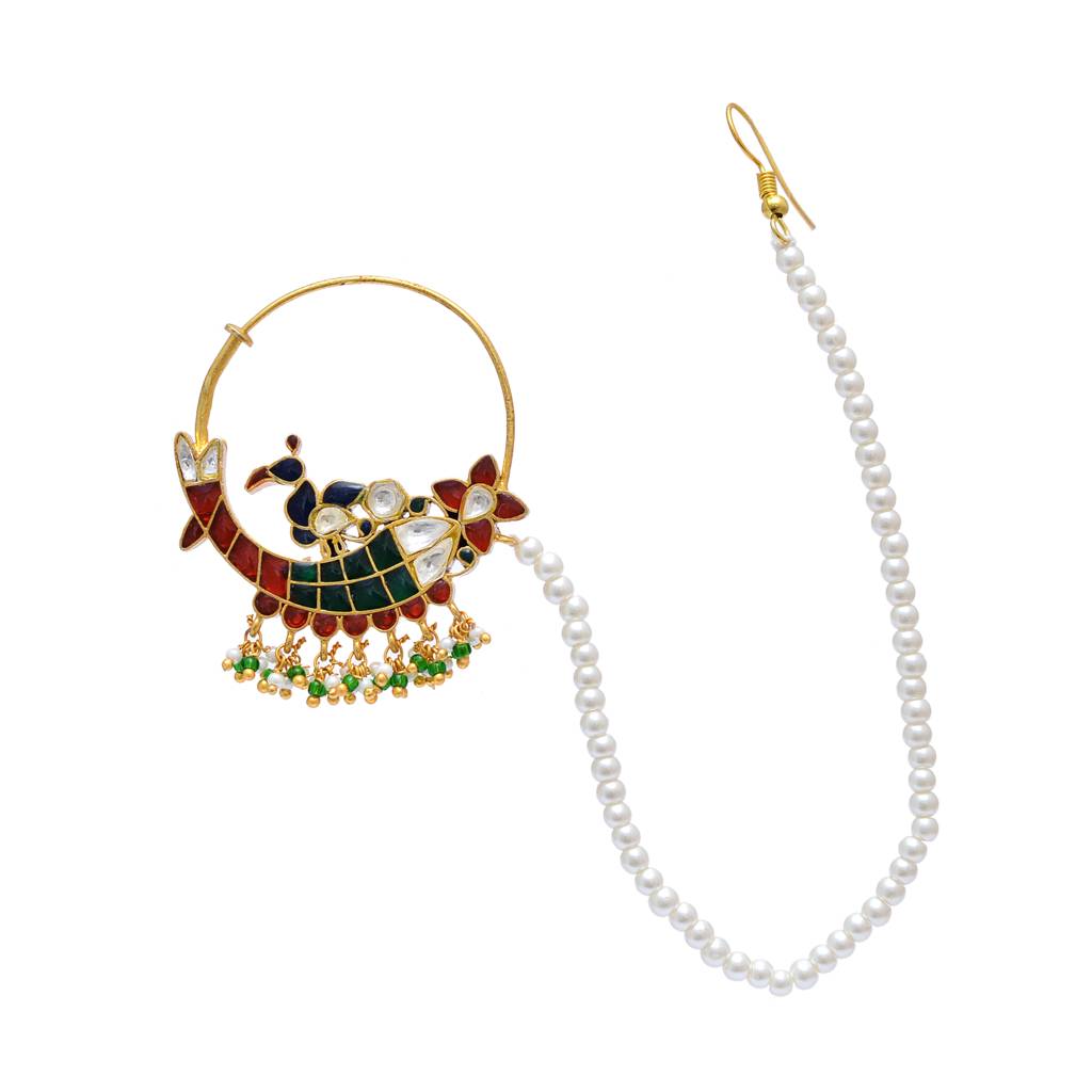 925 Sterling Beautiful Nath With 24K Gold Plated And Cystal Polki,Pearls And Meena Work : 2543