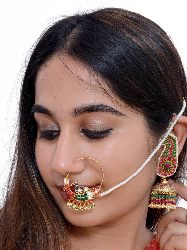 925 Sterling Beautiful Nath With 24K Gold Plated And Cystal Polki,Pearls And Meena Work : 2543