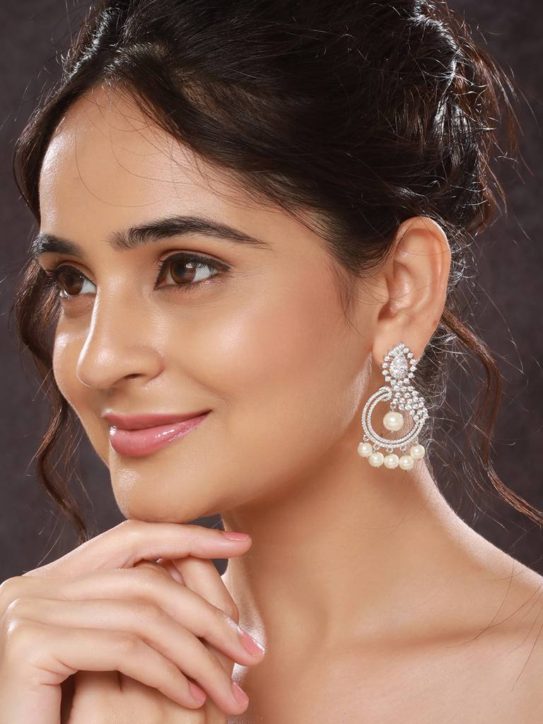 Silver Toned Ad & Faux Pearl Studded Designer Chandelier Chandbali Dropdown Earrings : SJER2547
