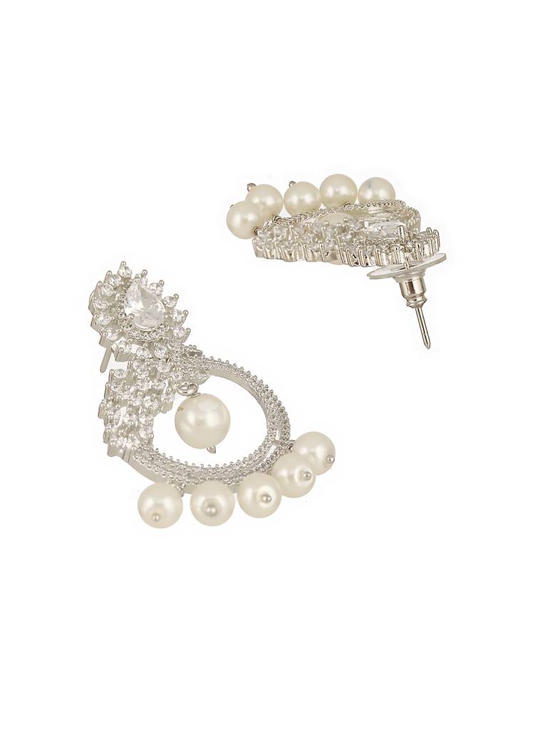 Silver Toned Ad & Faux Pearl Studded Designer Chandelier Chandbali Dropdown Earrings : SJER2547