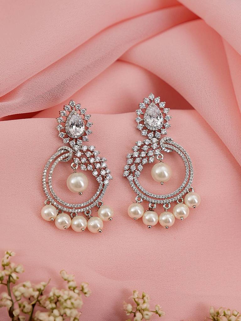 Silver Toned Ad & Faux Pearl Studded Designer Chandelier Chandbali Dropdown Earrings : SJER2547