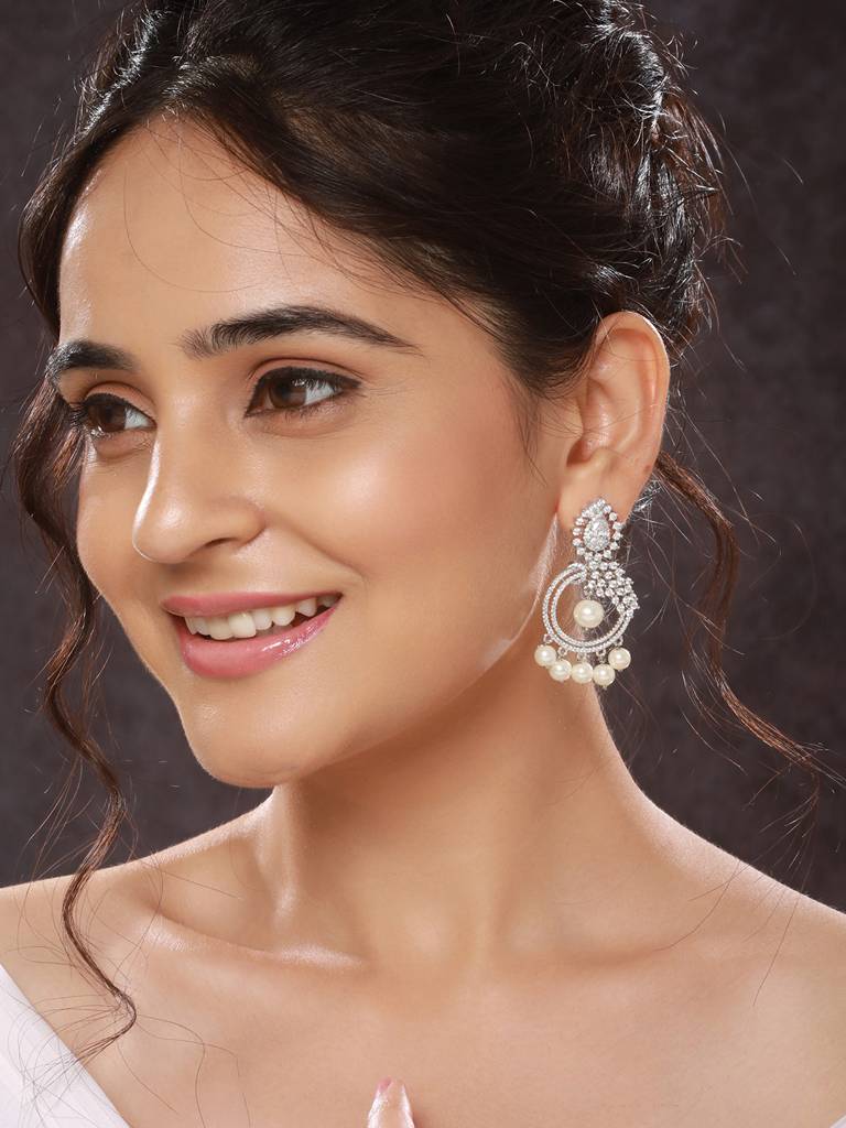 Silver Toned Ad & Faux Pearl Studded Designer Chandelier Chandbali Dropdown Earrings : SJER2547