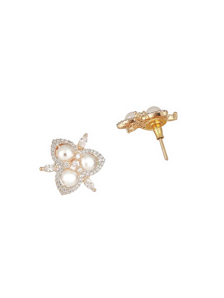 Dual Gold Toned Ad  & Pearl Studded Flower Delicate Studds Earrings : SJER2548
