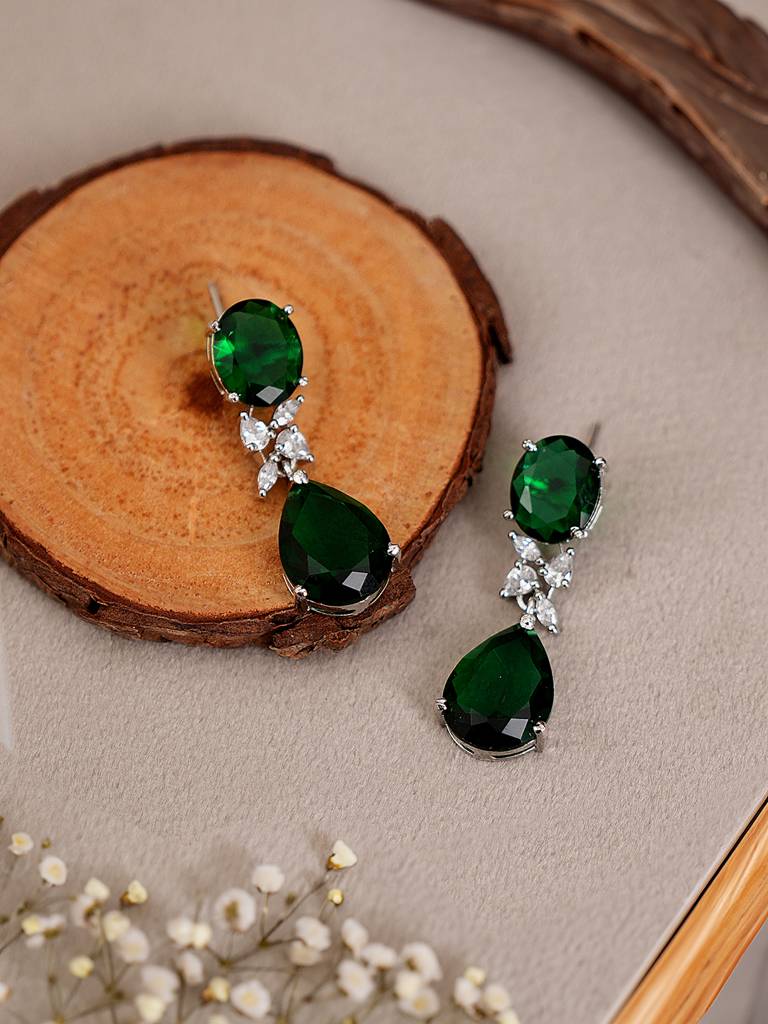 Silver Toned Emarald Green Studded Luxe  Statement Drop Earrings : SJER2549