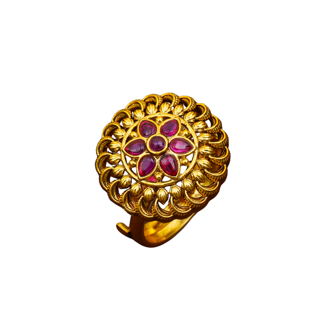 Modern Floral Temple Ring With Gold Finish V-2603 : V-2603