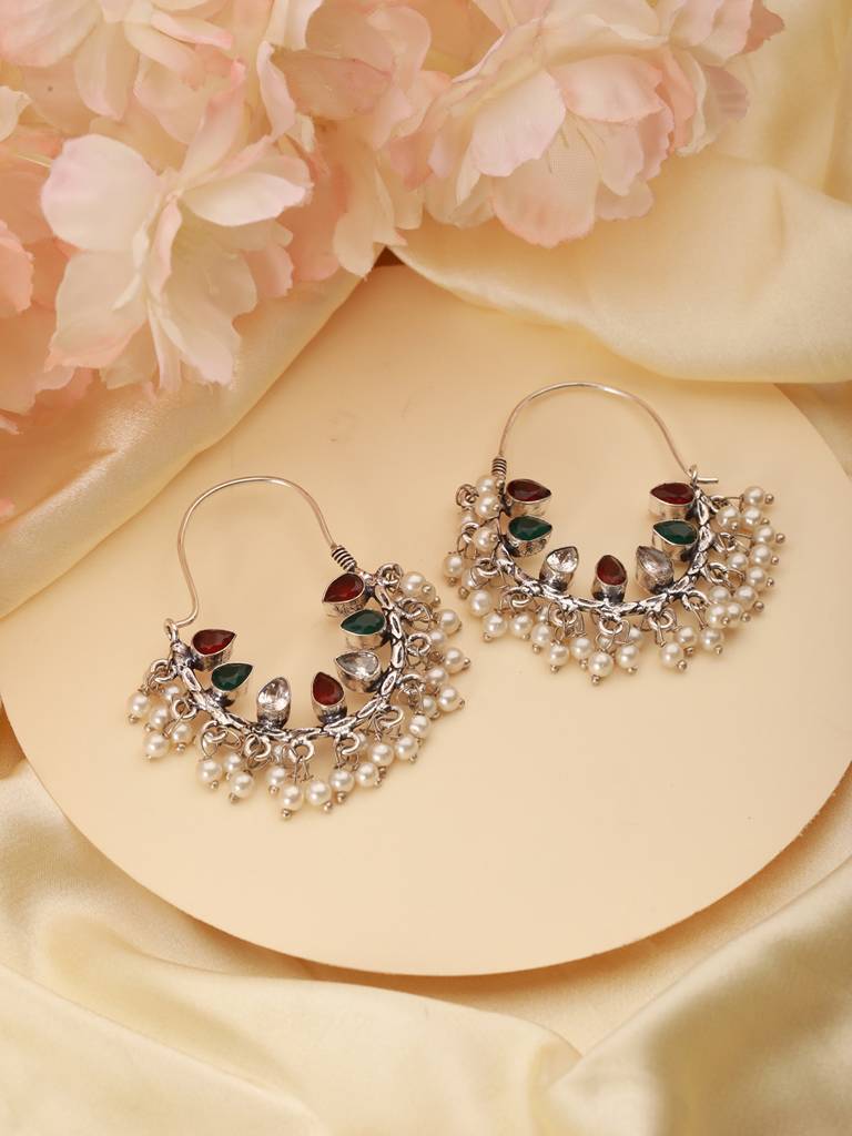 Silver Oxidised Red & Green   Stone & Pearl Beaded Handcrafted  Chandbali Dangler Earrings : SJER2552