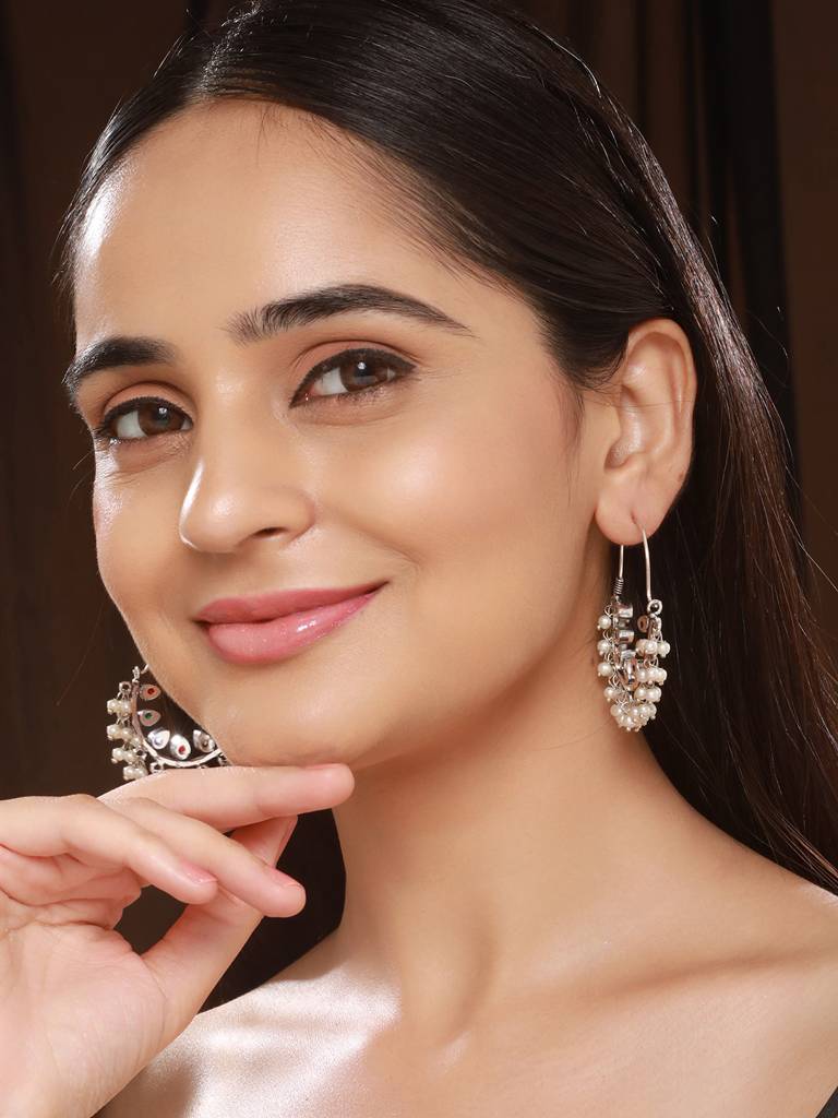 Silver Oxidised Red & Green   Stone & Pearl Beaded Handcrafted  Chandbali Dangler Earrings : SJER2552