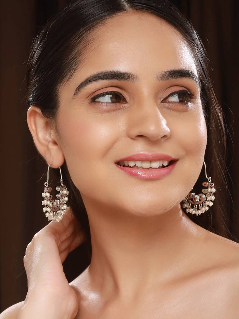 Silver Oxidised Red & Green   Stone & Pearl Beaded Handcrafted  Chandbali Dangler Earrings : SJER2552