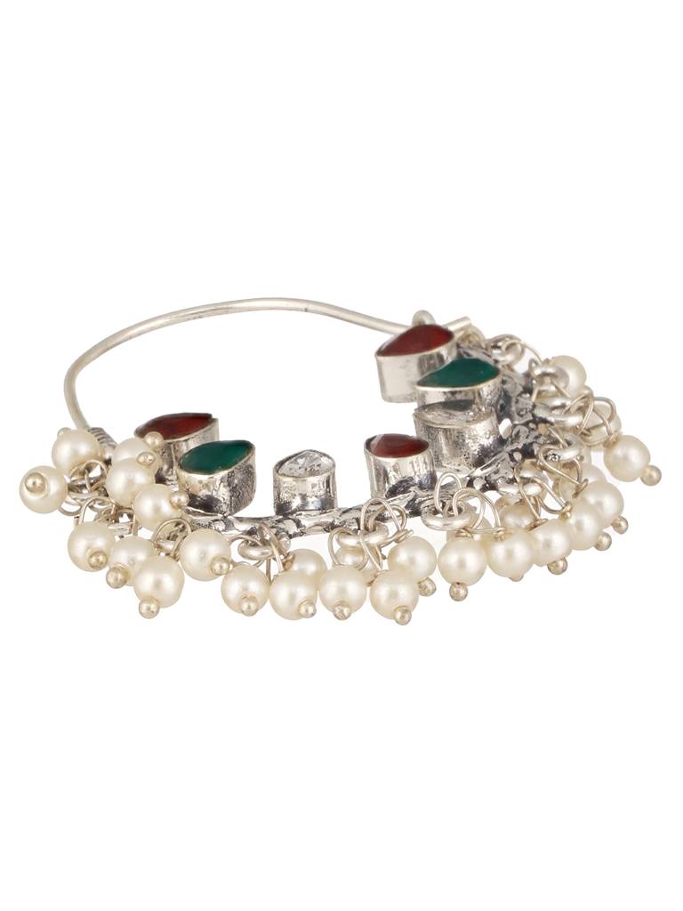 Silver Oxidised Red & Green   Stone & Pearl Beaded Handcrafted  Chandbali Dangler Earrings : SJER2552