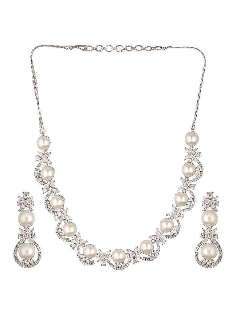 Silver Toned Ad & Pearl Beaded Statement Necklace Jewellery Set : SJNK2556