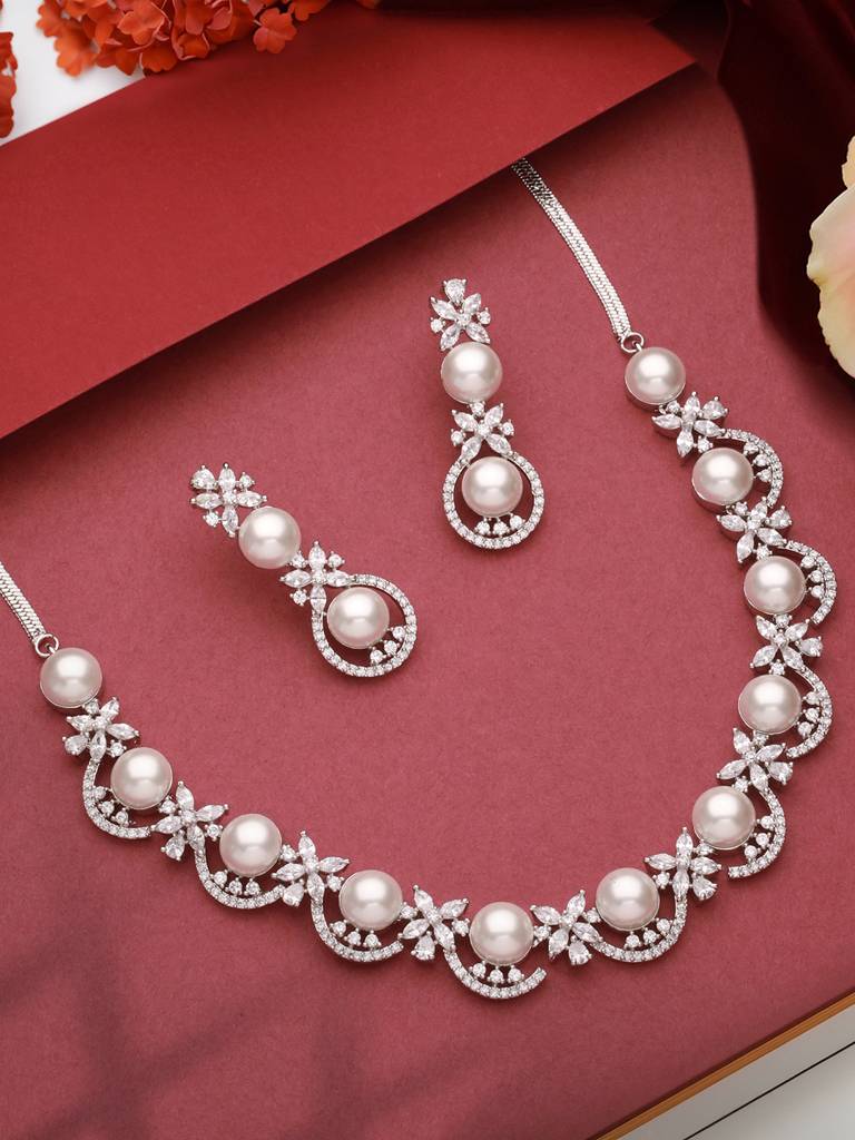 Silver Toned Ad & Pearl Beaded Statement Necklace Jewellery Set : SJNK2556