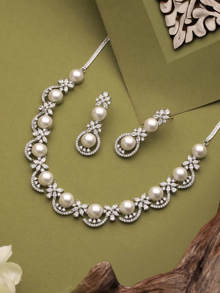 Silver Toned Ad & Pearl Beaded Statement Necklace Jewellery Set : SJNK2556