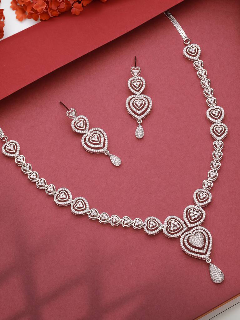 Silver Plated Zircon Studded Heart Shaped Designer Pendant Jewellery Set : SJNK2557