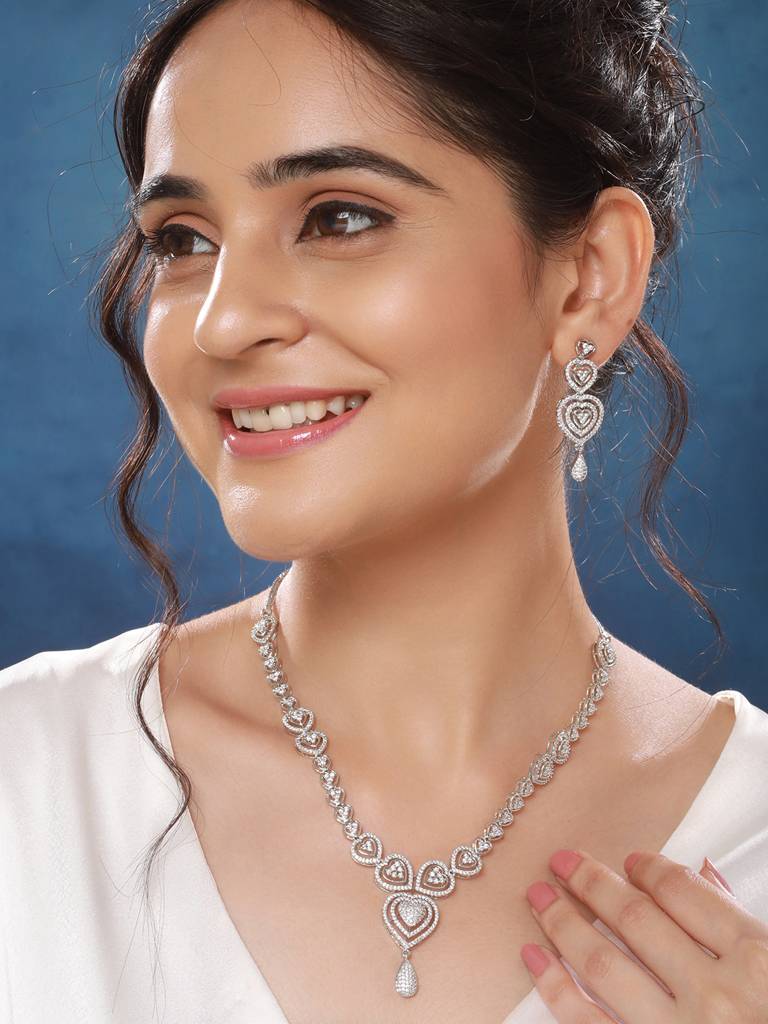 Silver Plated Zircon Studded Heart Shaped Designer Pendant Jewellery Set : SJNK2557