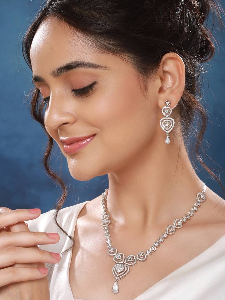 Silver Plated Zircon Studded Heart Shaped Designer Pendant Jewellery Set : SJNK2557