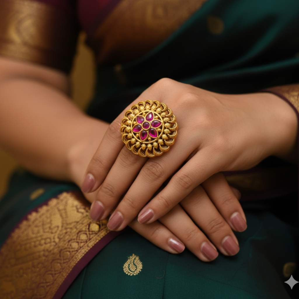 Modern Floral Temple Ring With Gold Finish V-2603 : V-2603