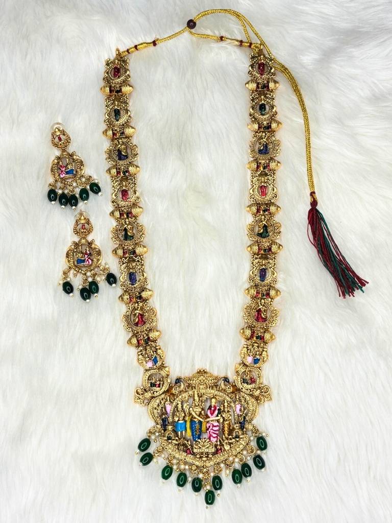Gold-Plated Traditional Srinivasa Kalyana Bridal Long Haram With Earring Temple Jewellery Set : VI26JSTJ100008
