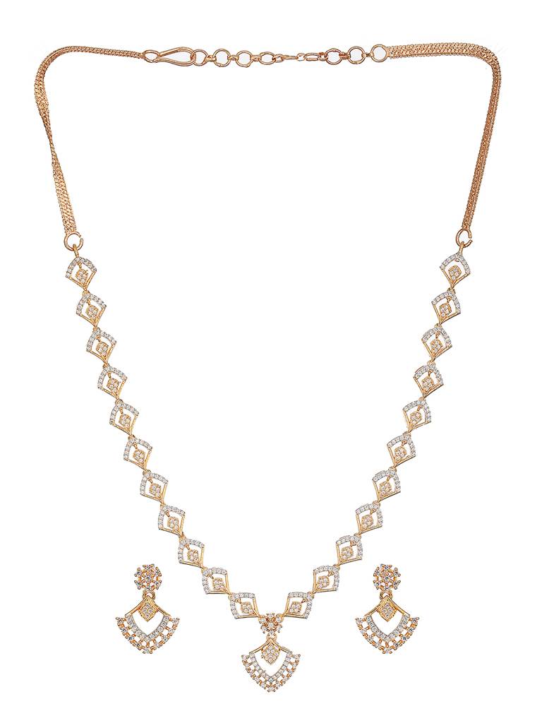 Gold Toned Ad Studded Geometric Shaped Delicate Pendant Jewellery Set : SJNK2560