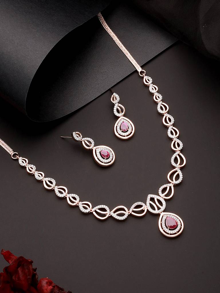 Rose Gold Plated Ruby Ad Studded Pendant Jewellery Set : SJNK2561