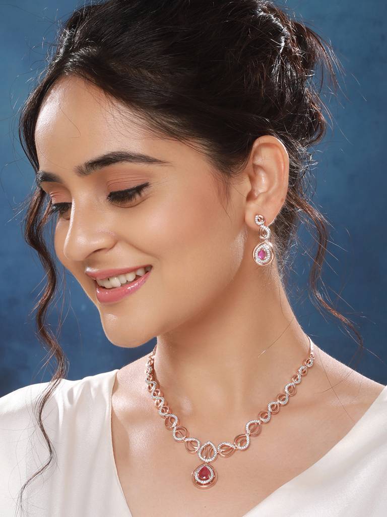 Rose Gold Plated Ruby Ad Studded Pendant Jewellery Set : SJNK2561